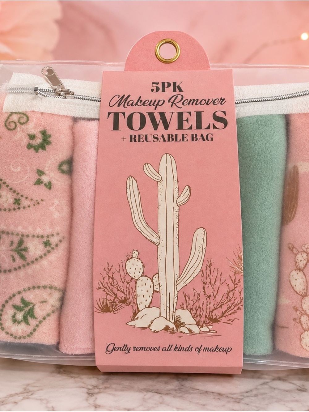 5PK Makeup Remover Towels with Reusable Bag - Pink & Green